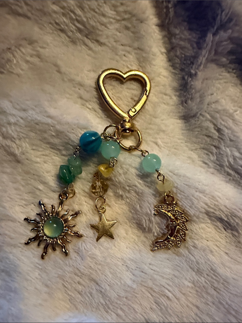 Gold Heart Keychain with Turquoise & Aqua Beads, Sun Star Moon Charms